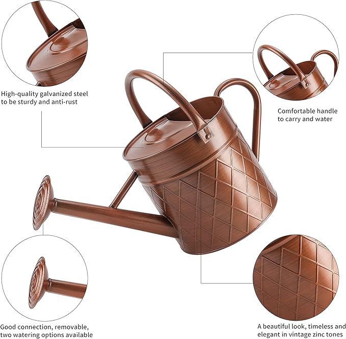 1.75 Gallon Vintage Copper-Style Garden Watering Can with Long Spout and Detachable Shower Head, 6.6L Large Capacity Plant Irrigation Pot