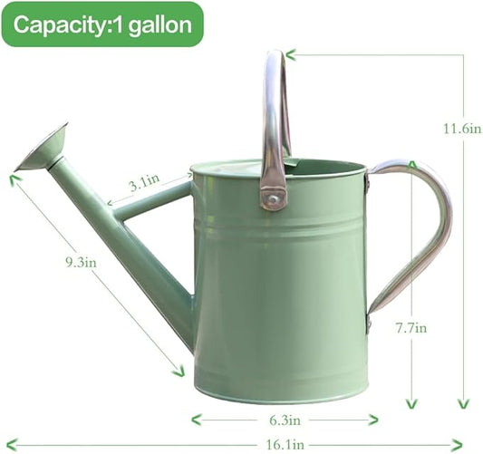 1 Gallon Vintage Green Metal Watering Can with Long Spout & Carry Handle – Rust-Resistant Garden Water Jug for Indoor & Outdoor Plants (11.6" Tall, 16.1" Long)