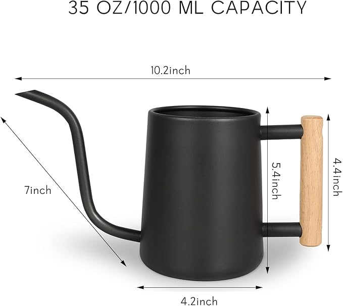 Minimalist Metal Watering Can with Long Spout – 1000ml/35oz Capacity, Wooden Handle, Precision Indoor Plant Watering Pot